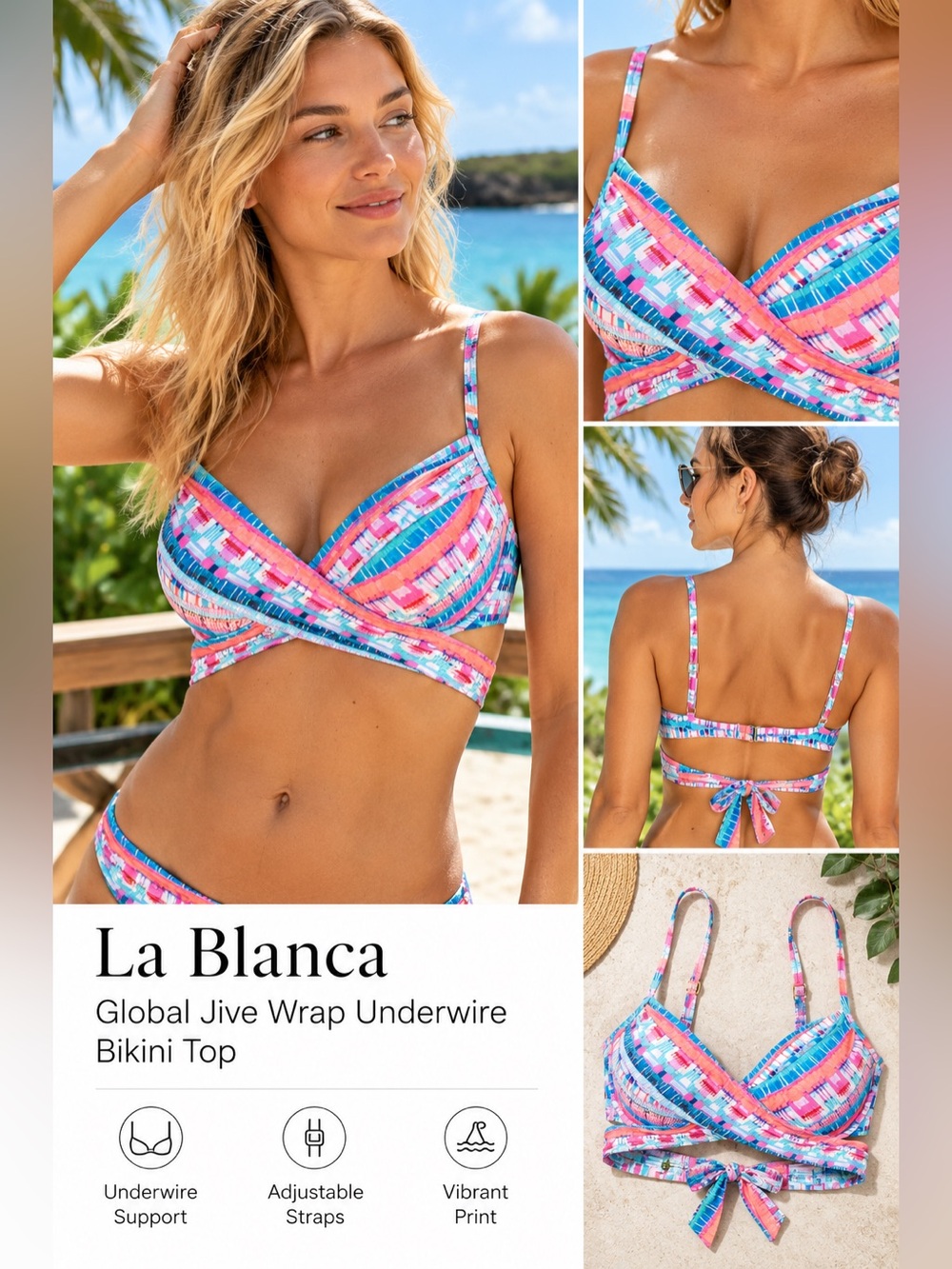 La Blanca Global Jive Wrap Bikini Top Size 12 Bird of Paradise